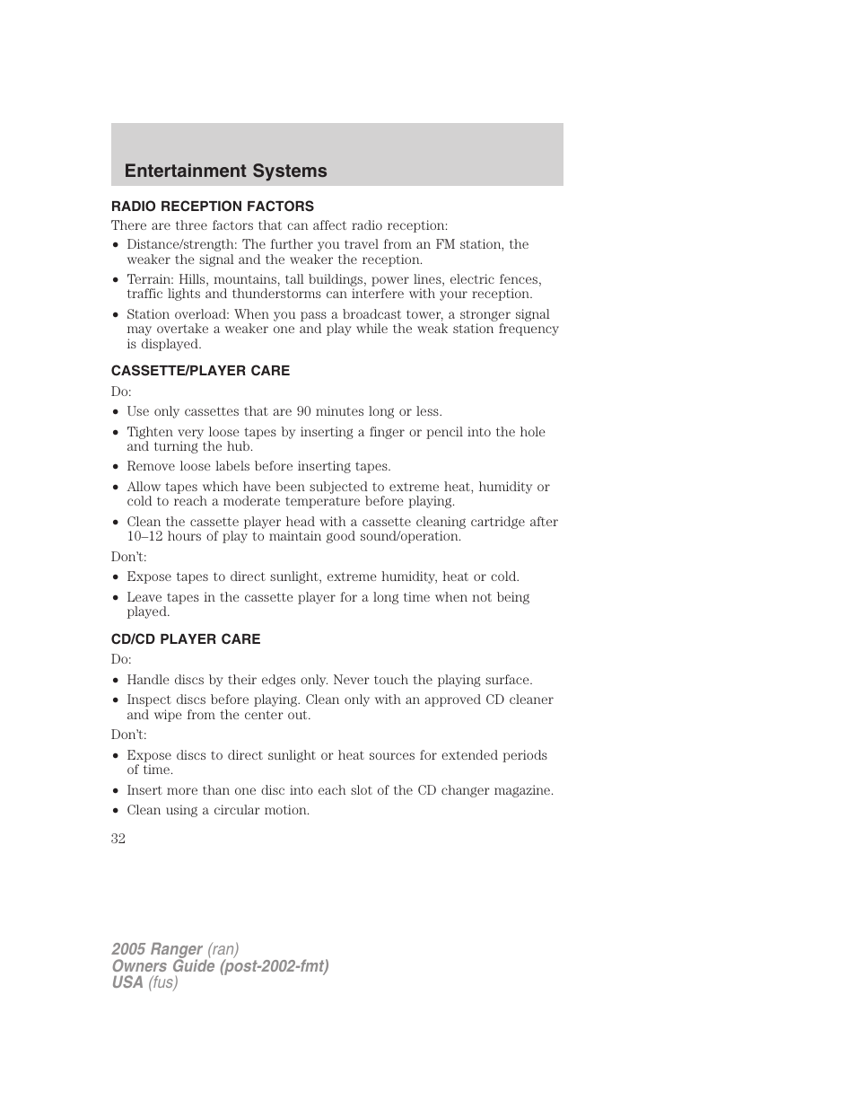 Radio reception factors, Cassette/player care, Cd/cd player care | Entertainment systems | FORD 2005 Ranger v.3 User Manual | Page 32 / 256