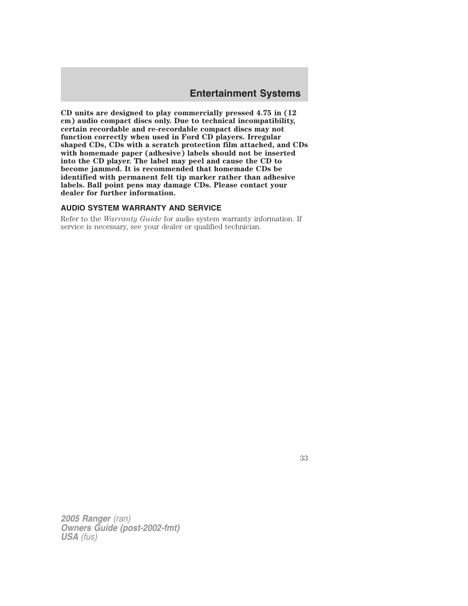 Audio system warranty and service, Entertainment systems | FORD 2005 Ranger v.3 User Manual | Page 33 / 256