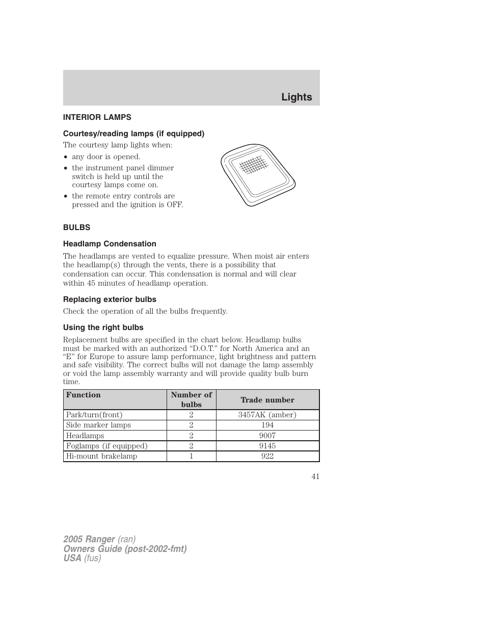 Interior lamps, Courtesy/reading lamps (if equipped), Bulbs | Headlamp condensation, Replacing exterior bulbs, Using the right bulbs, Bulb replacement, Lights | FORD 2005 Ranger v.3 User Manual | Page 41 / 256