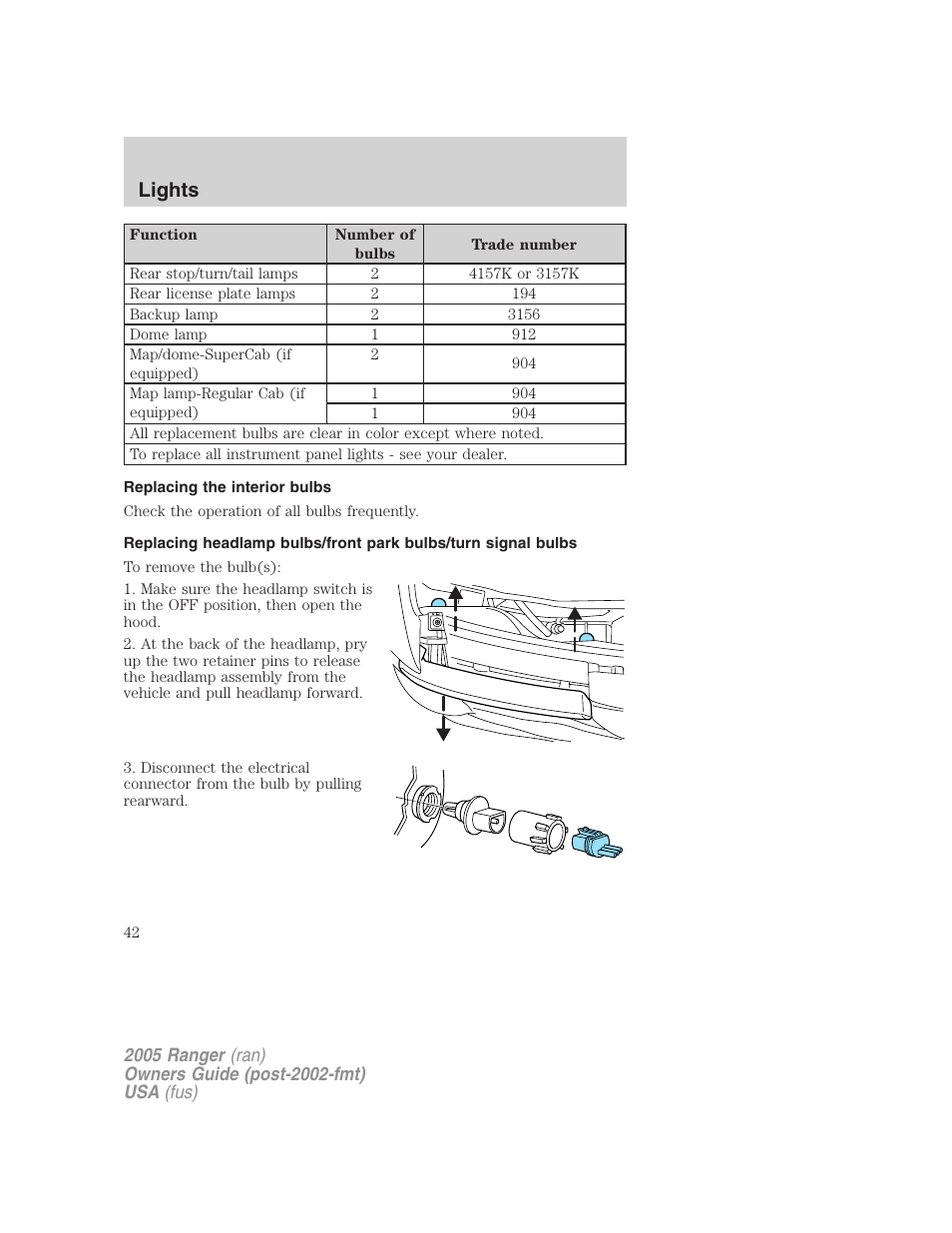 Replacing the interior bulbs, Lights | FORD 2005 Ranger v.3 User Manual | Page 42 / 256