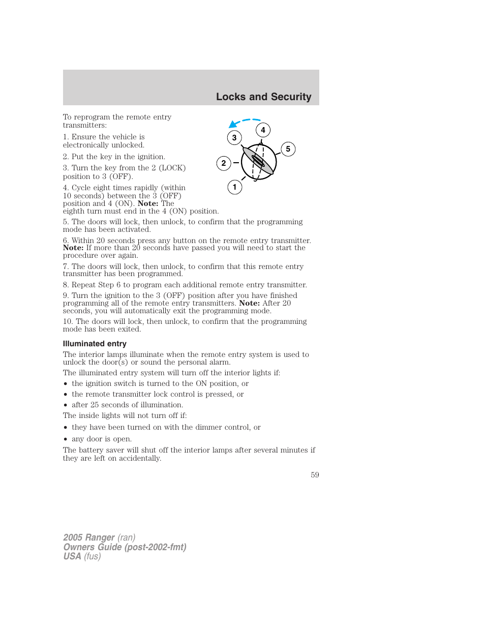 Illuminated entry, Locks and security | FORD 2005 Ranger v.3 User Manual | Page 59 / 256