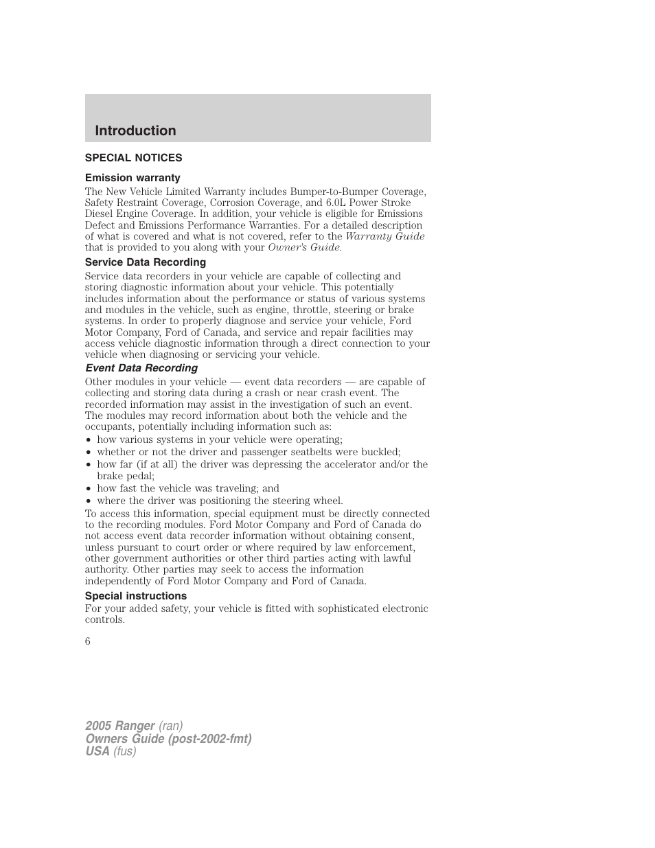 Special notices, Emission warranty, Service data recording | Event data recording, Special instructions, Introduction | FORD 2005 Ranger v.3 User Manual | Page 6 / 256