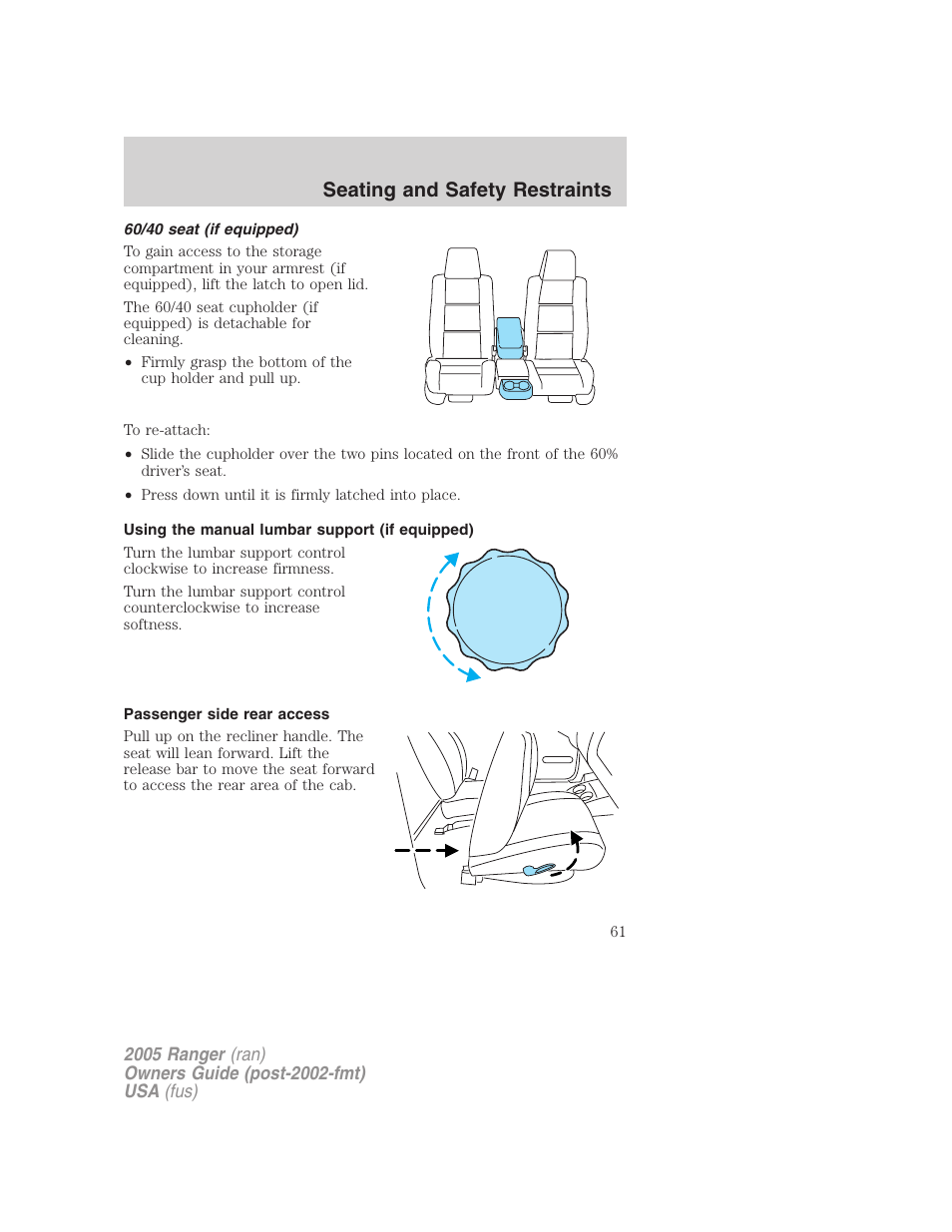 60/40 seat (if equipped), Using the manual lumbar support (if equipped), Passenger side rear access | Seating and safety restraints | FORD 2005 Ranger v.3 User Manual | Page 61 / 256