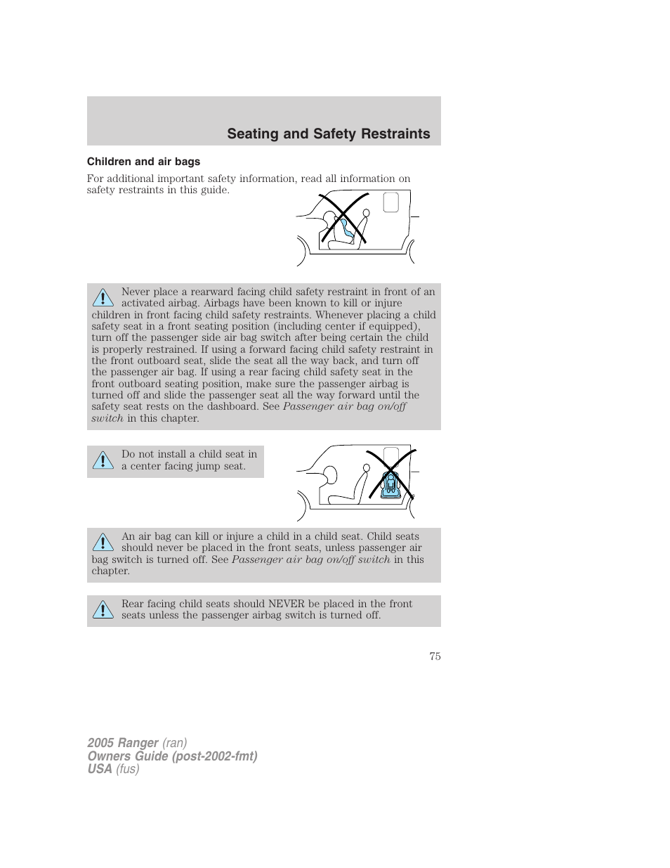 Children and air bags, Seating and safety restraints | FORD 2005 Ranger v.3 User Manual | Page 75 / 256