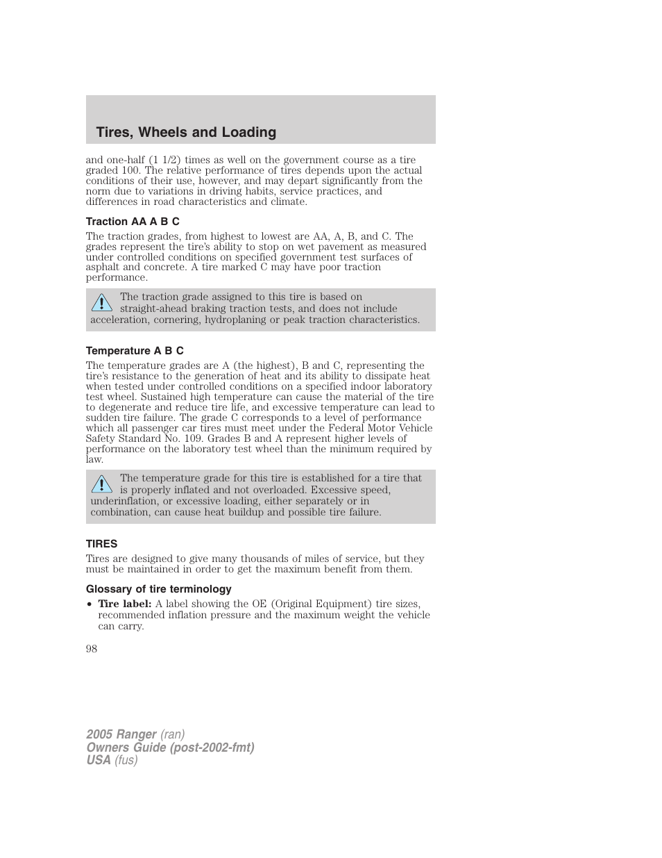 Traction aa a b c, Temperature a b c, Tires | Glossary of tire terminology, Tire information, Tires, wheels and loading | FORD 2005 Ranger v.3 User Manual | Page 98 / 256