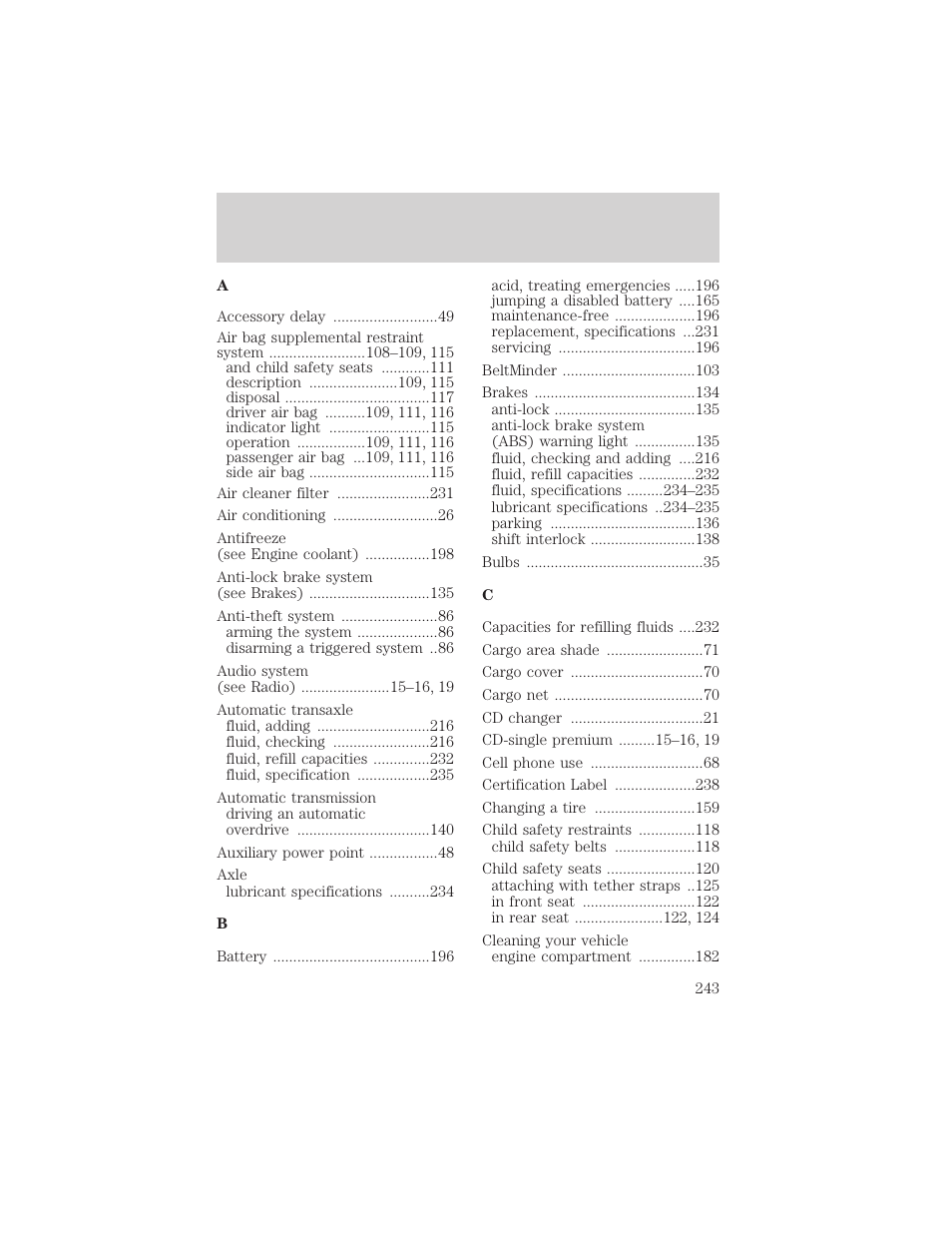 Index | FORD 2005 Taurus v.1 User Manual | Page 243 / 248