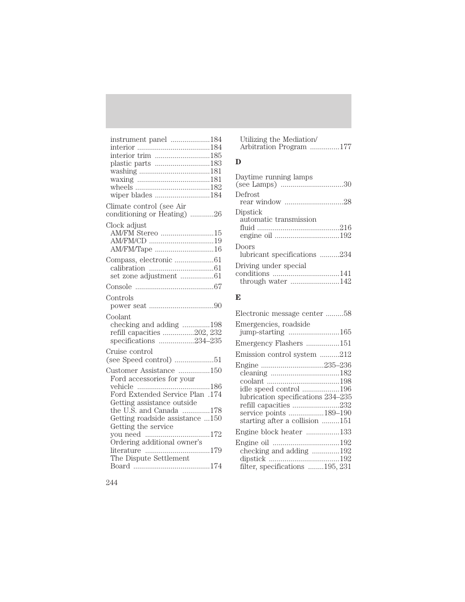 Index | FORD 2005 Taurus v.1 User Manual | Page 244 / 248