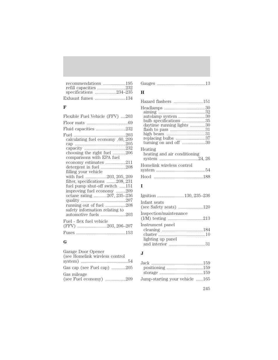 Index | FORD 2005 Taurus v.1 User Manual | Page 245 / 248