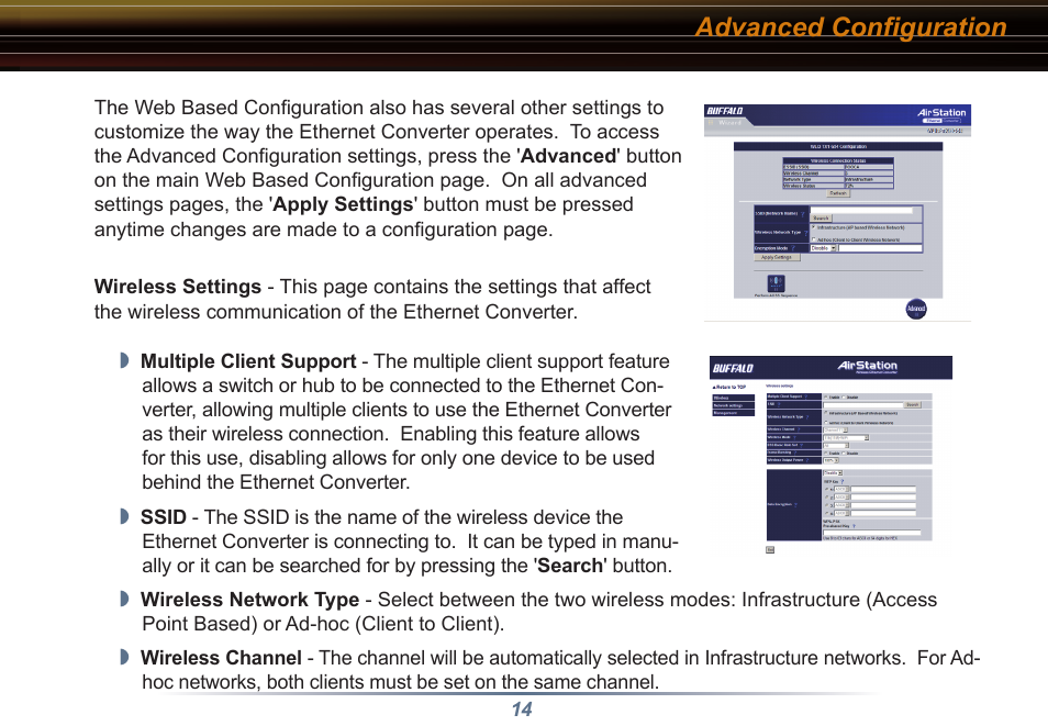 Advanced configuration | Buffalo Technology WLI3-TX1-G54 User Manual | Page 14 / 27