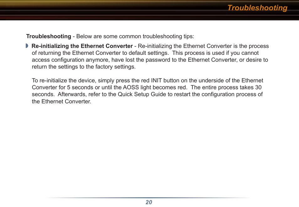 Troubleshooting | Buffalo Technology WLI3-TX1-G54 User Manual | Page 20 / 27