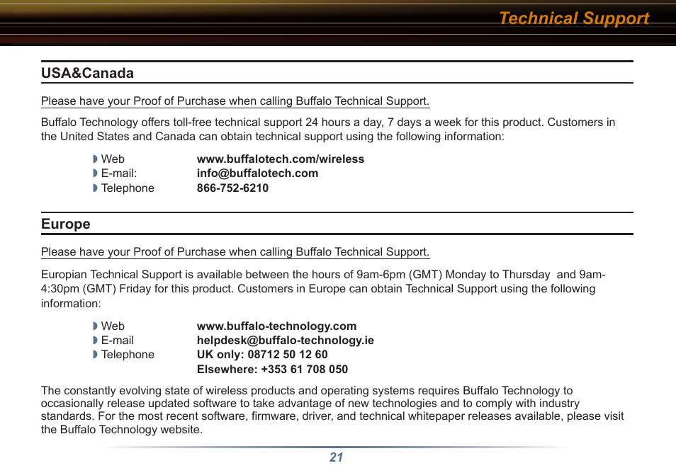 Technical support | Buffalo Technology WLI3-TX1-G54 User Manual | Page 21 / 27