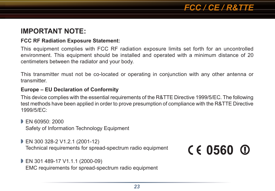 Fcc / ce / r&tte | Buffalo Technology WLI3-TX1-G54 User Manual | Page 23 / 27