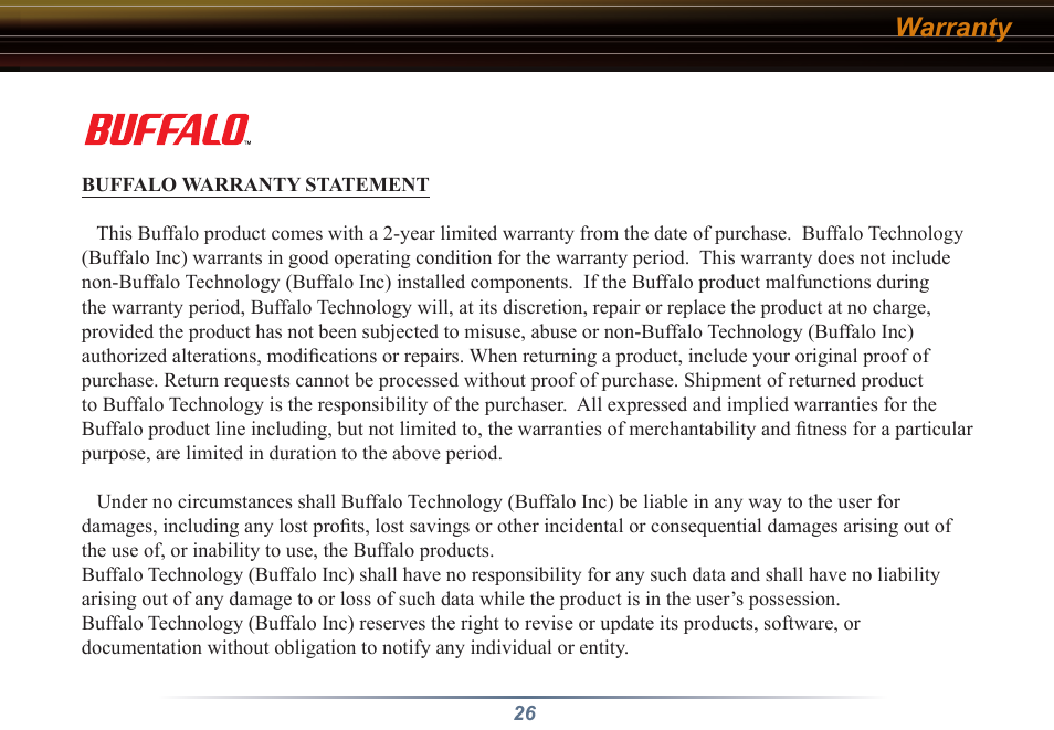 Warranty | Buffalo Technology WLI3-TX1-G54 User Manual | Page 26 / 27