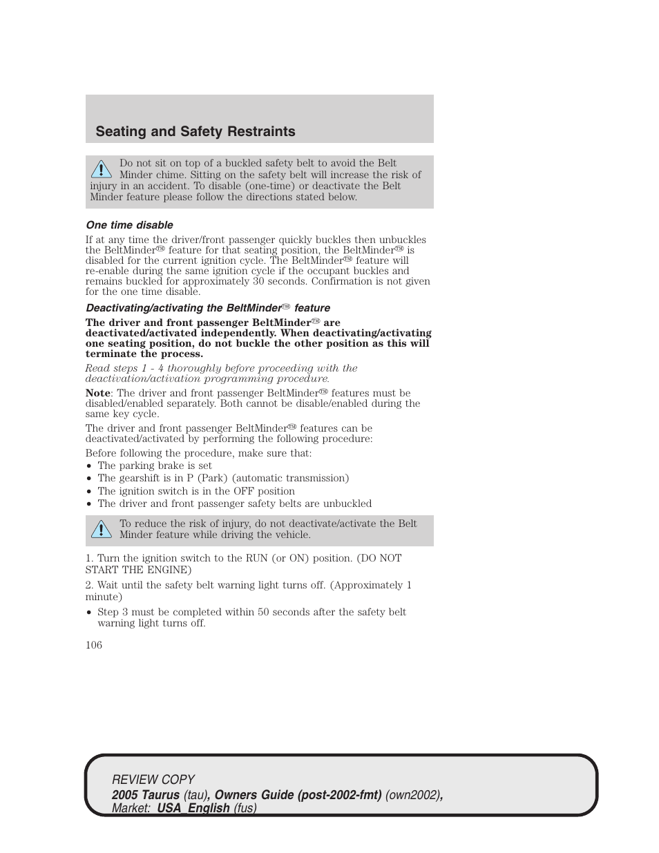 Seating and safety restraints | FORD 2005 Taurus v.2 User Manual | Page 106 / 248