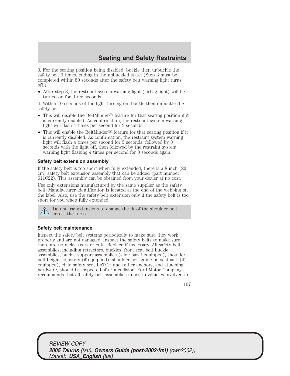 Seating and safety restraints | FORD 2005 Taurus v.2 User Manual | Page 107 / 248