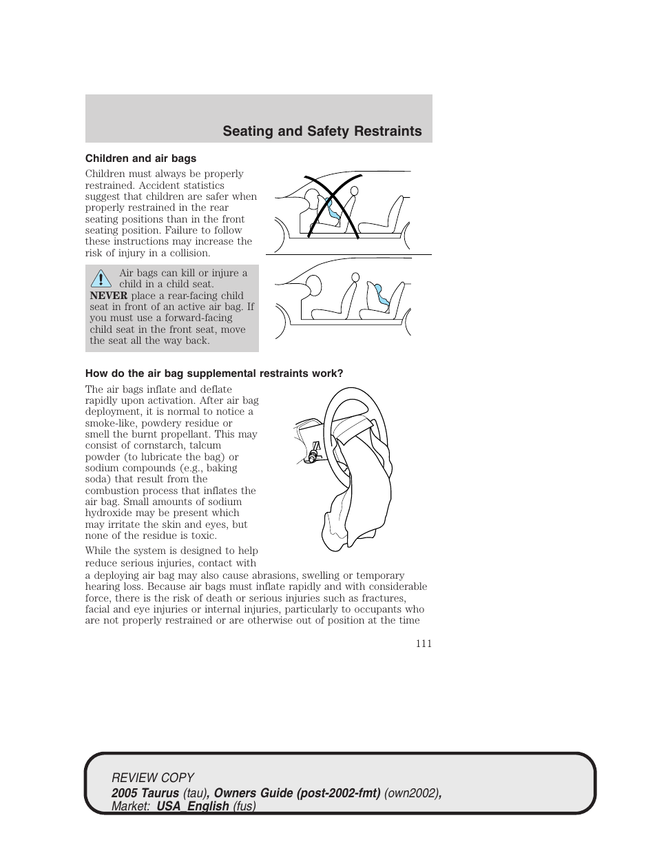 Seating and safety restraints | FORD 2005 Taurus v.2 User Manual | Page 111 / 248