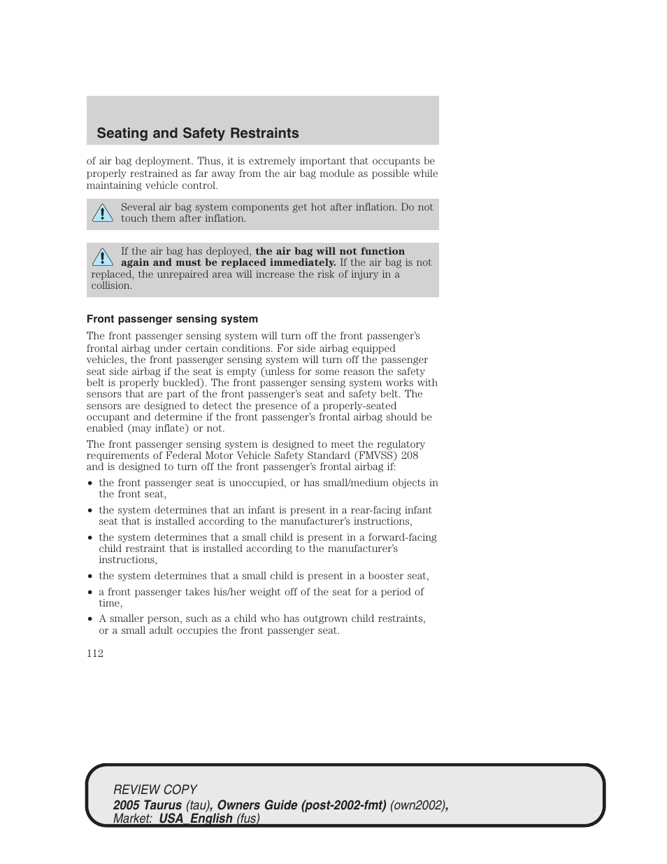 Seating and safety restraints | FORD 2005 Taurus v.2 User Manual | Page 112 / 248