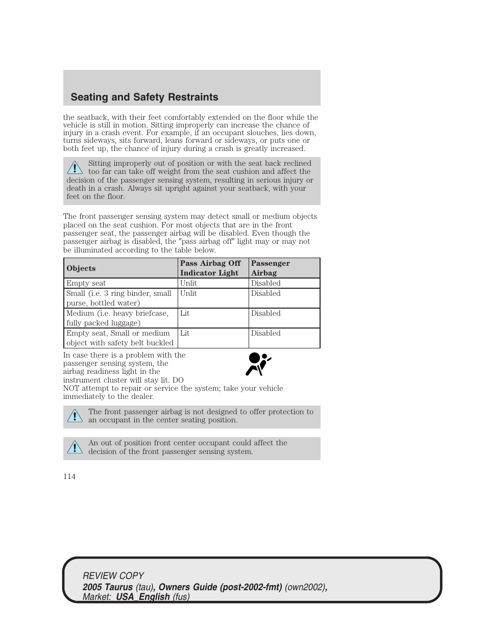 Seating and safety restraints | FORD 2005 Taurus v.2 User Manual | Page 114 / 248