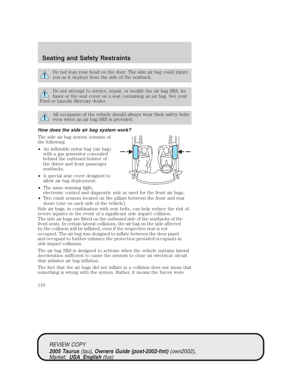 Seating and safety restraints | FORD 2005 Taurus v.2 User Manual | Page 116 / 248