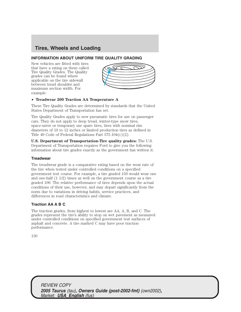 Tires, wheels and loading | FORD 2005 Taurus v.2 User Manual | Page 130 / 248