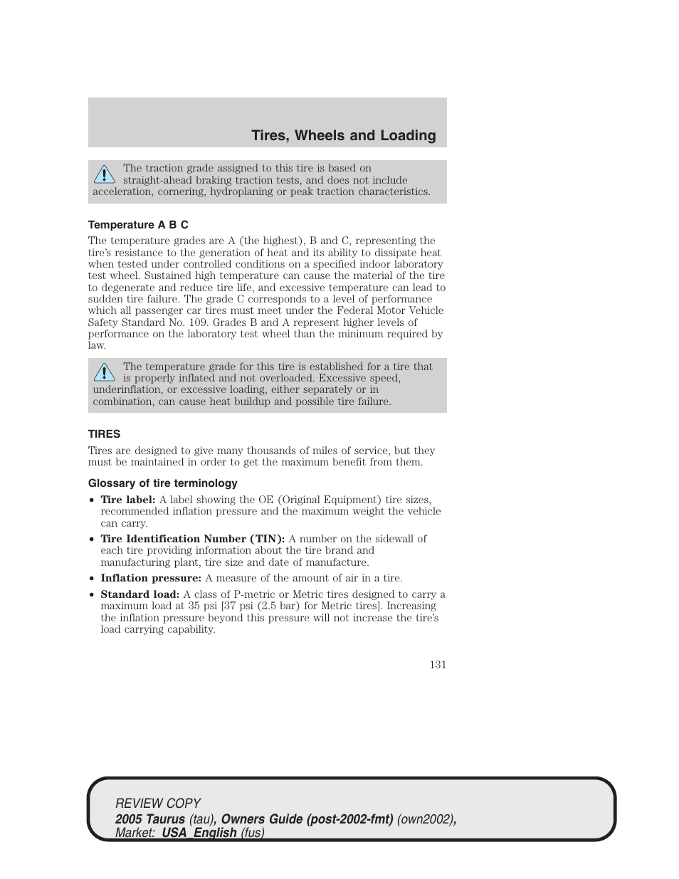 Tires, wheels and loading | FORD 2005 Taurus v.2 User Manual | Page 131 / 248