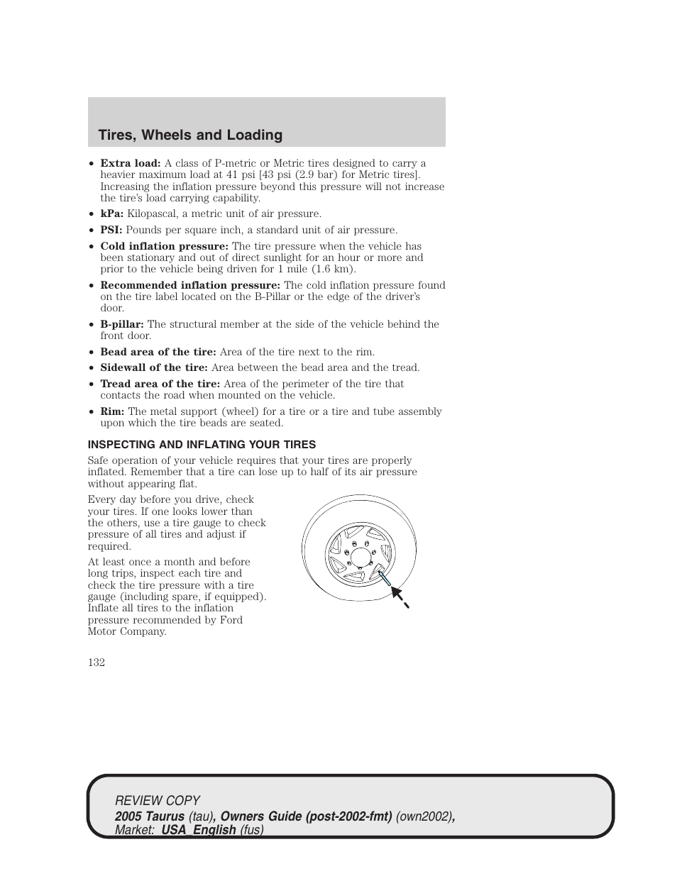 Tires, wheels and loading | FORD 2005 Taurus v.2 User Manual | Page 132 / 248