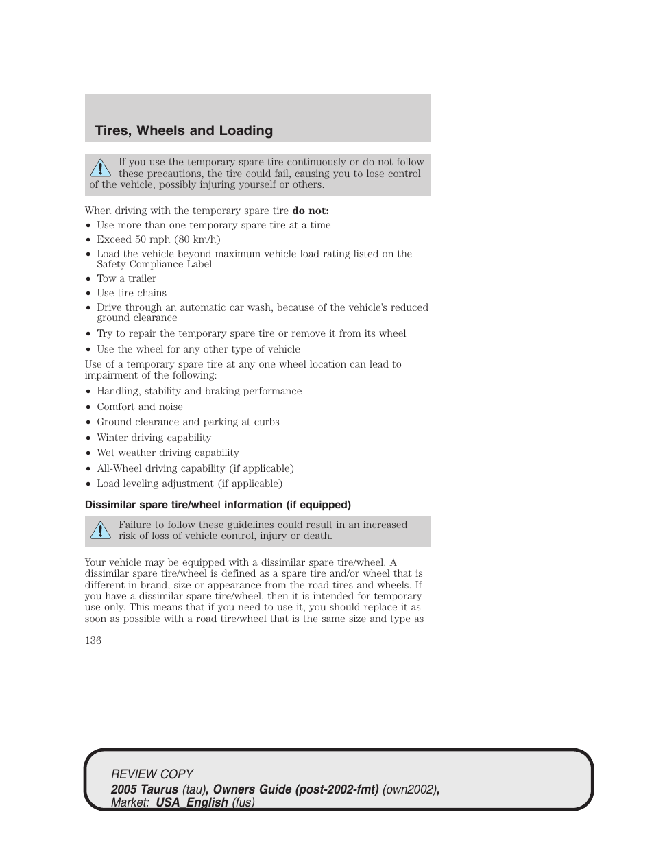 Tires, wheels and loading | FORD 2005 Taurus v.2 User Manual | Page 136 / 248