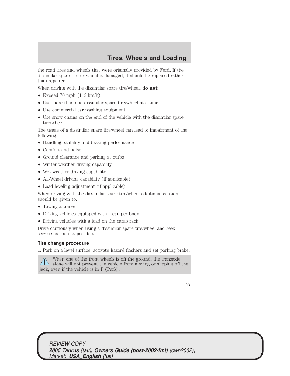 Tires, wheels and loading | FORD 2005 Taurus v.2 User Manual | Page 137 / 248