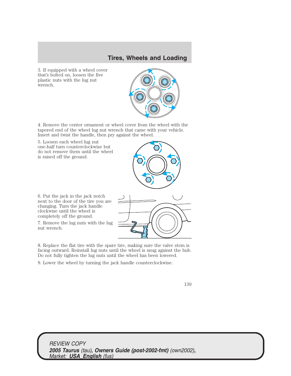 Tires, wheels and loading | FORD 2005 Taurus v.2 User Manual | Page 139 / 248