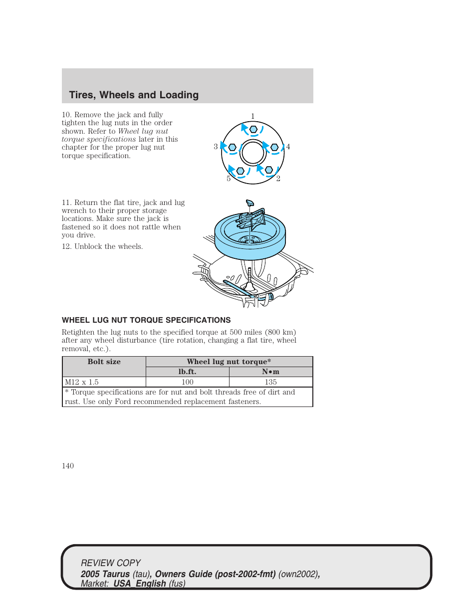Tires, wheels and loading | FORD 2005 Taurus v.2 User Manual | Page 140 / 248