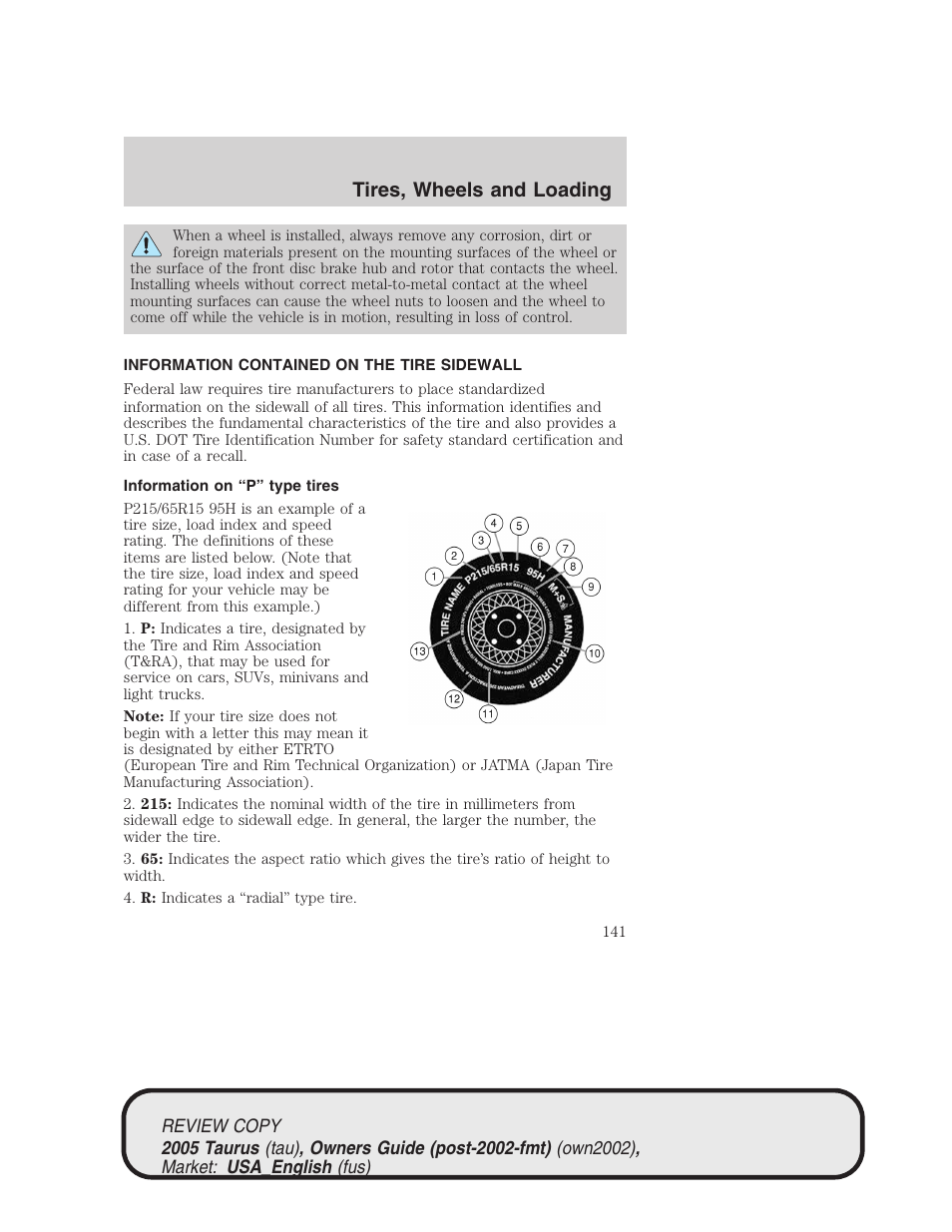 Tires, wheels and loading | FORD 2005 Taurus v.2 User Manual | Page 141 / 248