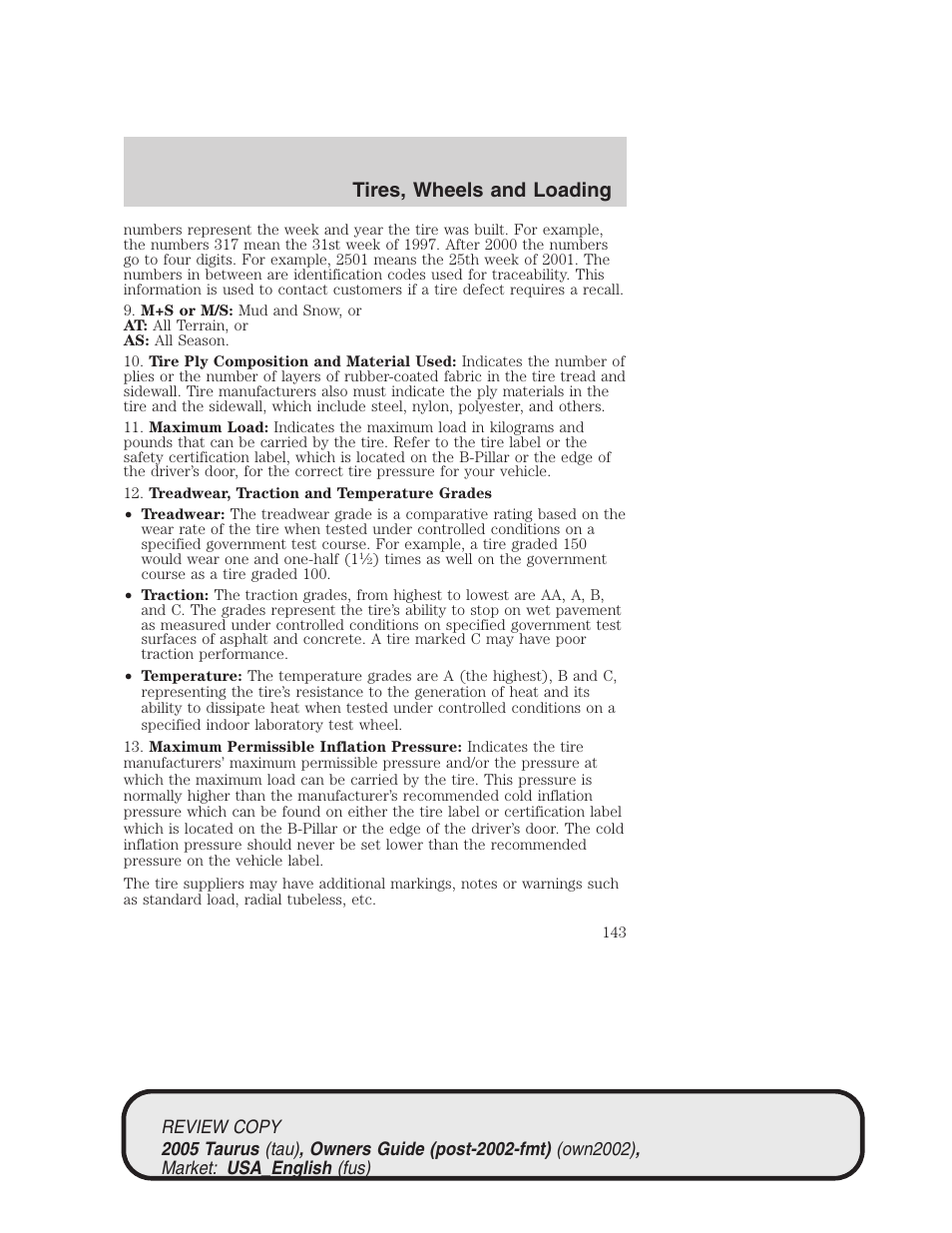 Tires, wheels and loading | FORD 2005 Taurus v.2 User Manual | Page 143 / 248
