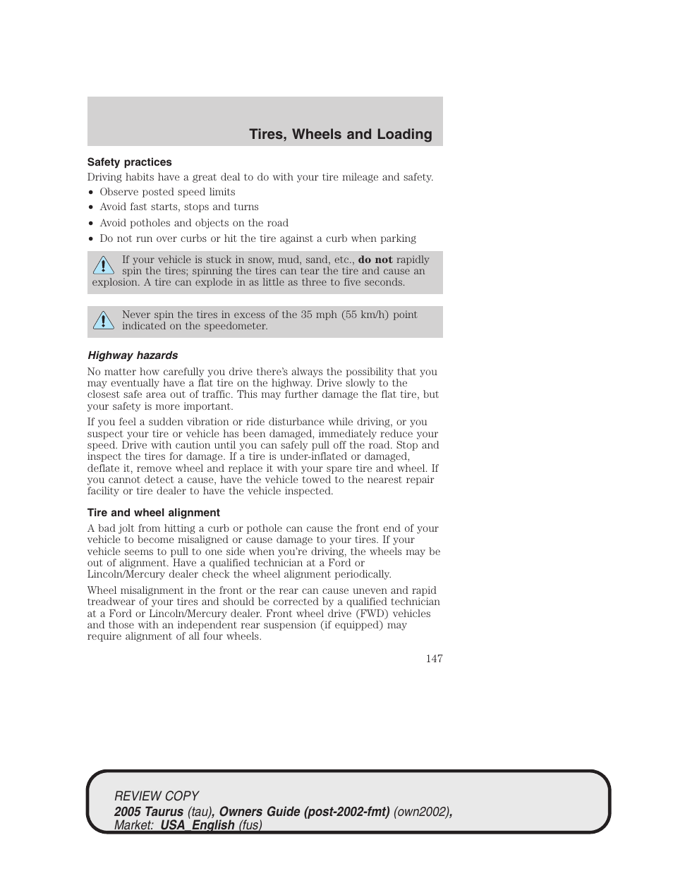 Tires, wheels and loading | FORD 2005 Taurus v.2 User Manual | Page 147 / 248