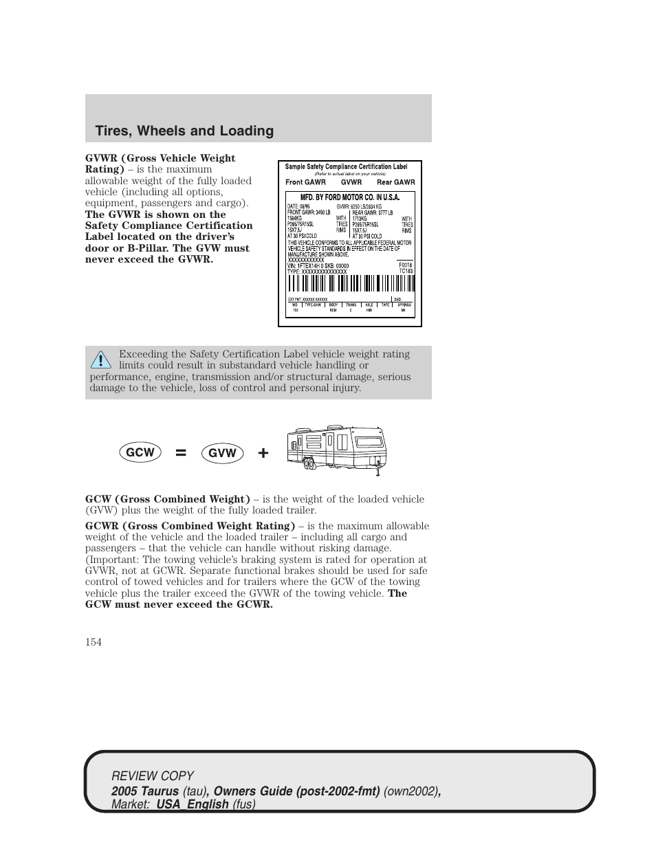 Tires, wheels and loading | FORD 2005 Taurus v.2 User Manual | Page 154 / 248