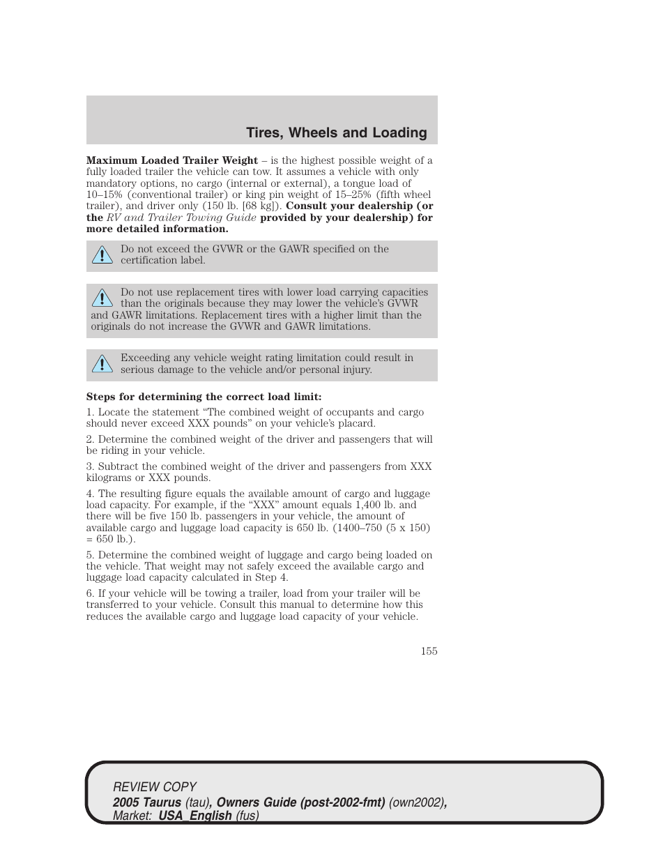 Tires, wheels and loading | FORD 2005 Taurus v.2 User Manual | Page 155 / 248