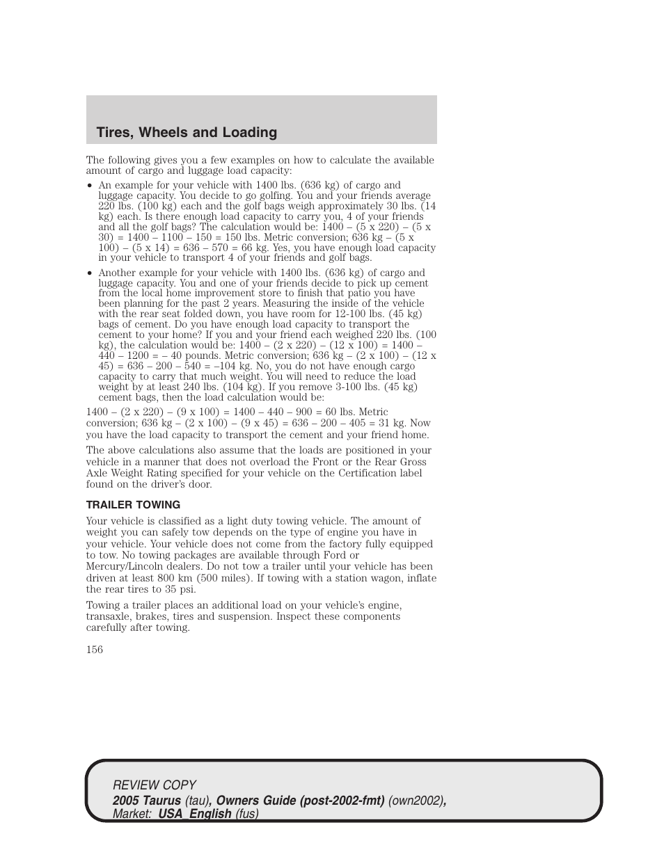 Tires, wheels and loading | FORD 2005 Taurus v.2 User Manual | Page 156 / 248
