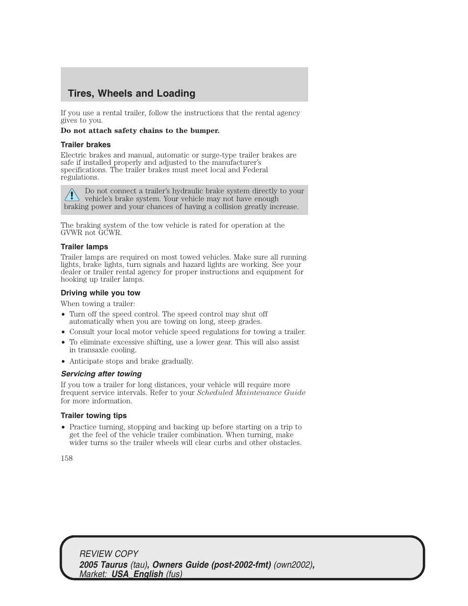 Tires, wheels and loading | FORD 2005 Taurus v.2 User Manual | Page 158 / 248