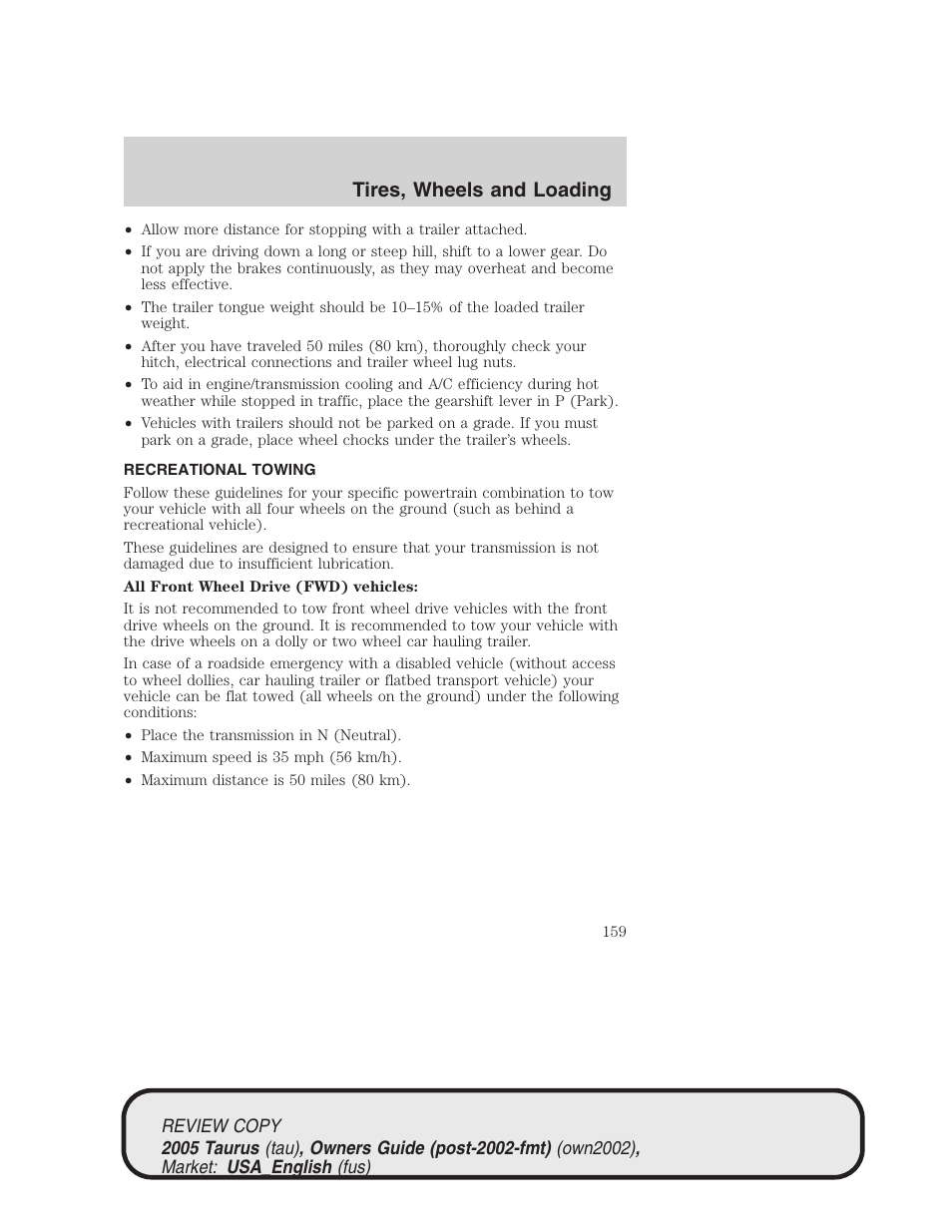 Tires, wheels and loading | FORD 2005 Taurus v.2 User Manual | Page 159 / 248