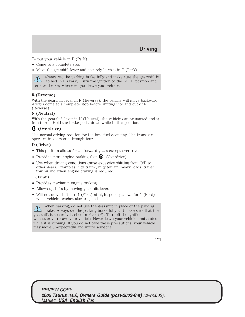 Driving | FORD 2005 Taurus v.2 User Manual | Page 171 / 248