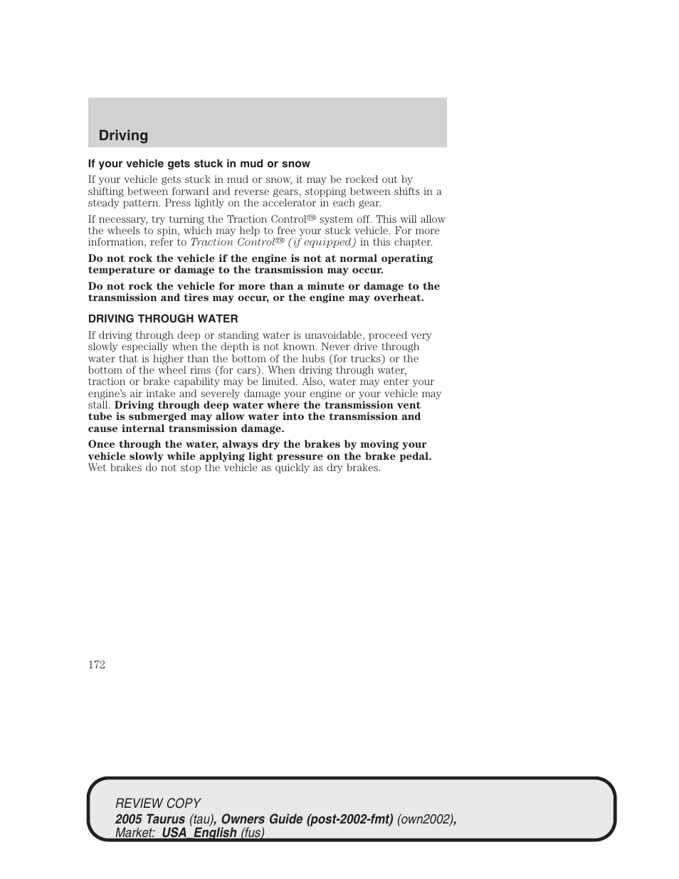 Driving | FORD 2005 Taurus v.2 User Manual | Page 172 / 248