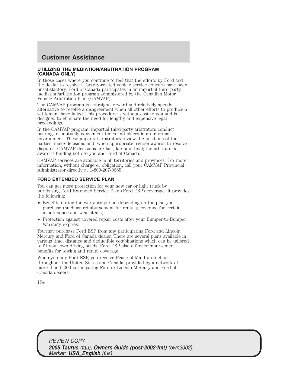 Customer assistance | FORD 2005 Taurus v.2 User Manual | Page 194 / 248