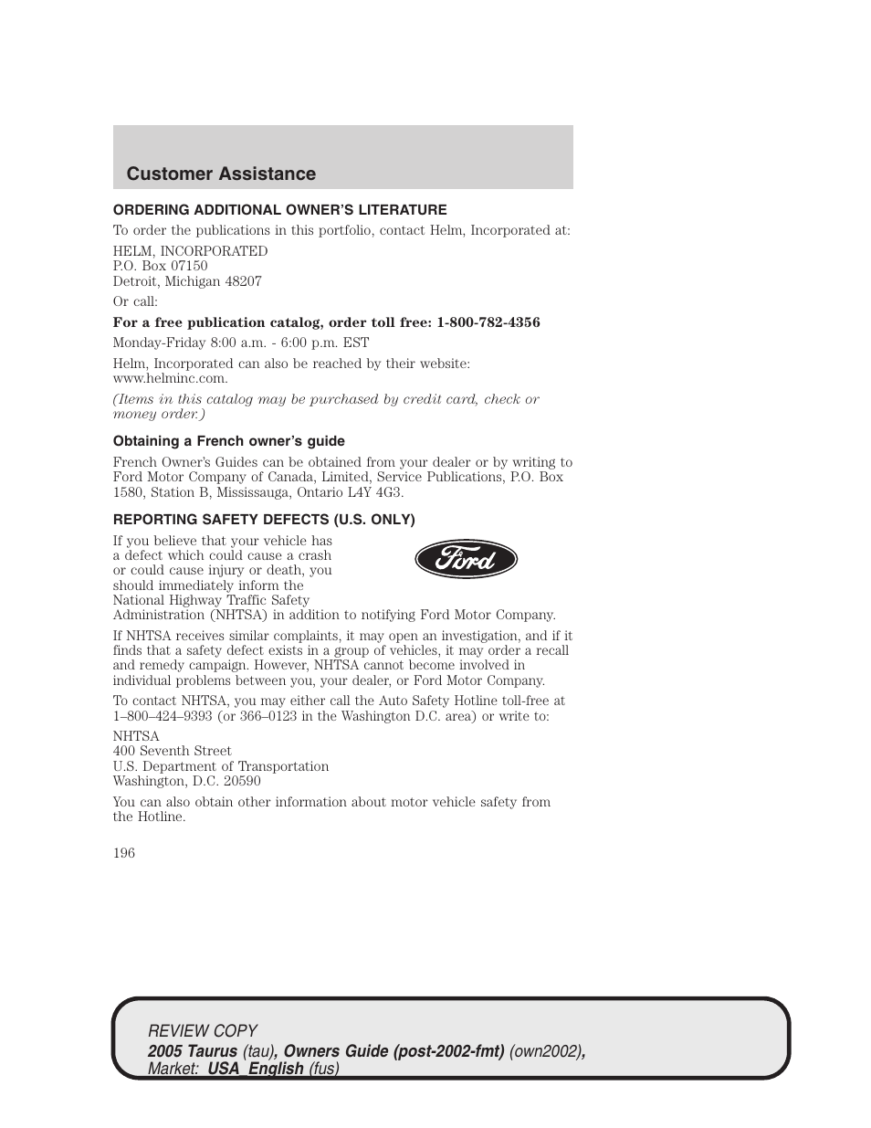 Customer assistance | FORD 2005 Taurus v.2 User Manual | Page 196 / 248