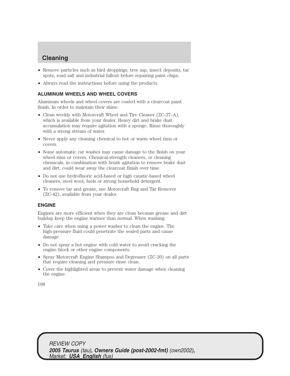 Cleaning | FORD 2005 Taurus v.2 User Manual | Page 198 / 248