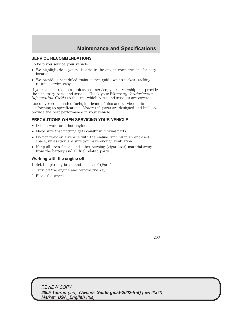 Maintenance and specifications | FORD 2005 Taurus v.2 User Manual | Page 203 / 248