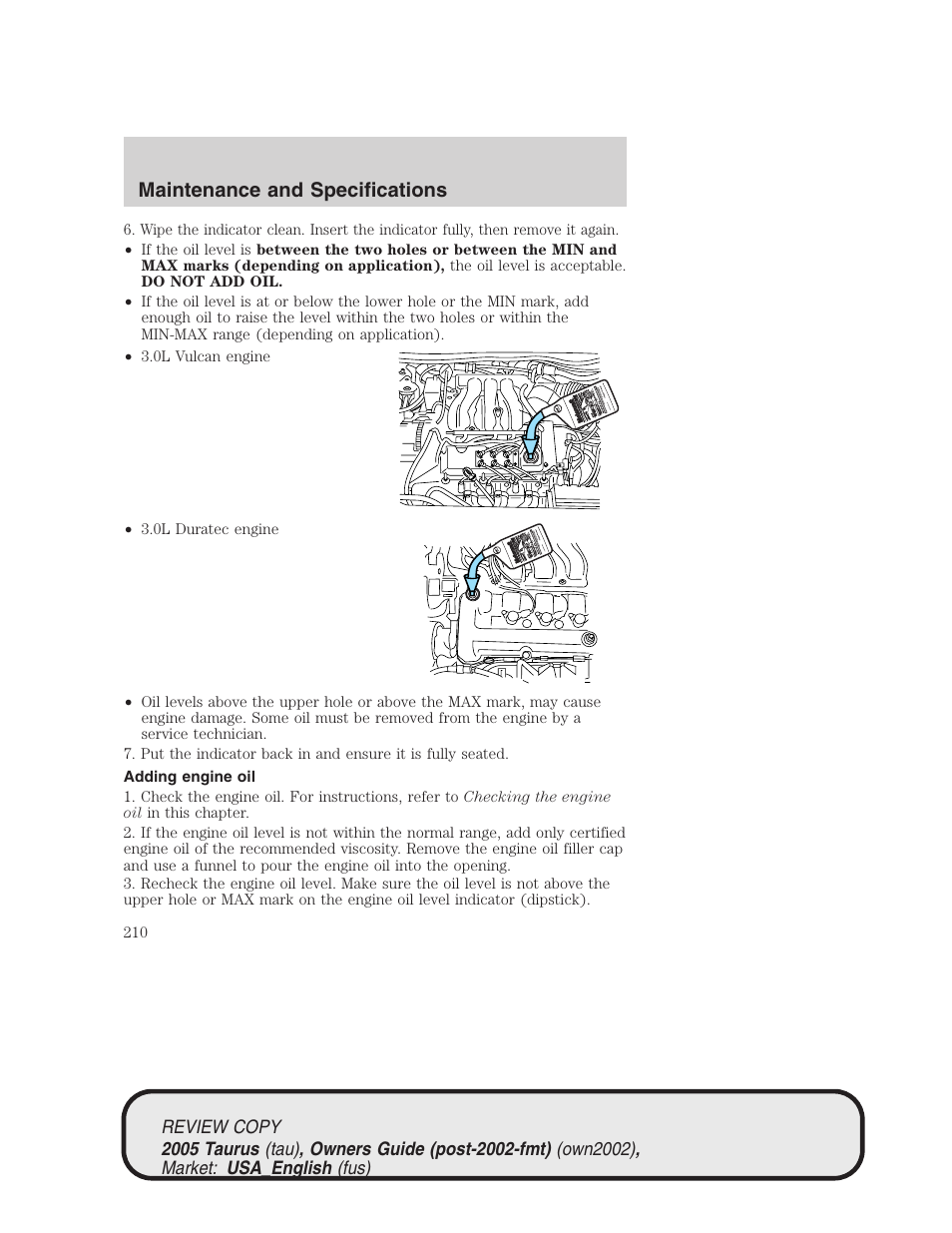 Maintenance and specifications | FORD 2005 Taurus v.2 User Manual | Page 210 / 248