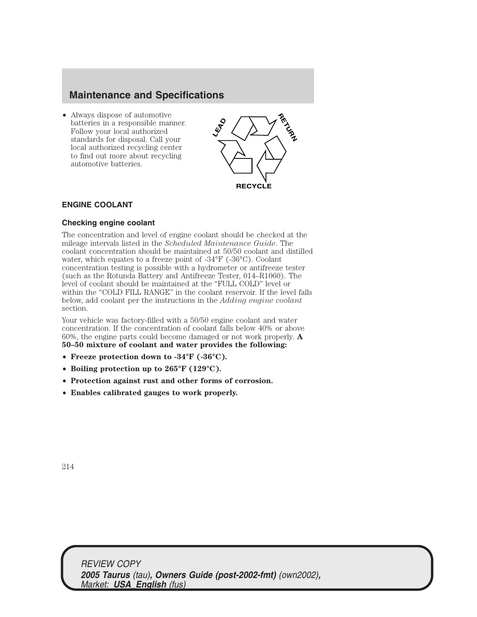 Maintenance and specifications | FORD 2005 Taurus v.2 User Manual | Page 214 / 248