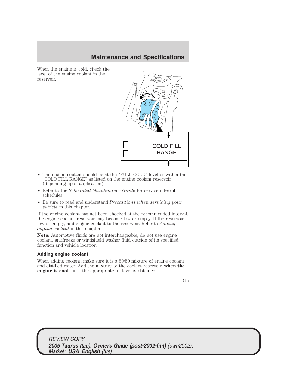Maintenance and specifications | FORD 2005 Taurus v.2 User Manual | Page 215 / 248