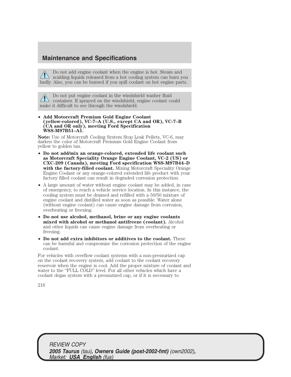 Maintenance and specifications | FORD 2005 Taurus v.2 User Manual | Page 216 / 248
