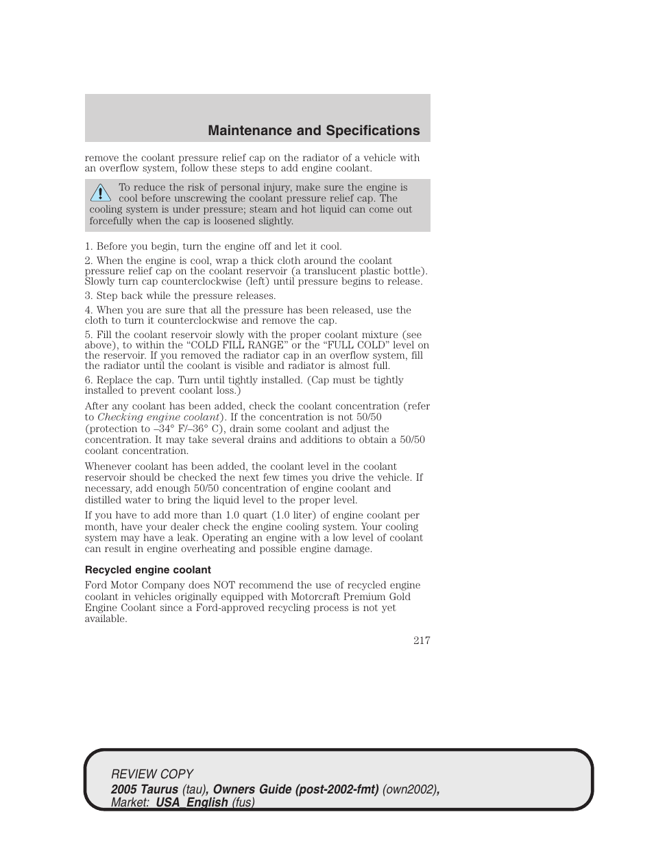 Maintenance and specifications | FORD 2005 Taurus v.2 User Manual | Page 217 / 248