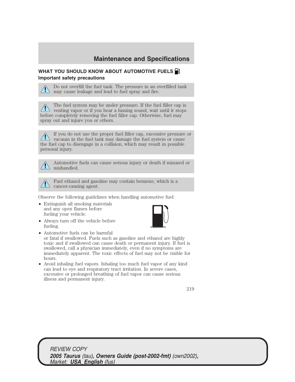 Maintenance and specifications | FORD 2005 Taurus v.2 User Manual | Page 219 / 248